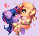 Size: 4700x4320 | Tagged: safe, artist:natanvok, character:sunset shimmer, character:twilight sparkle, species:pony, species:unicorn, ship:sunsetsparkle, g4, my little pony:equestria girls, absurd resolution, blushing, clothing, crossed horns, cute, duo, duo female, ear fluff, eye contact, eyebrows, eyebrows visible through hair, female, heart, horn, lesbian, looking at each other, looking at someone, mare, profile, scarf, shared clothing, shared scarf, shimmerbetes, shipping, striped scarf, twiabetes