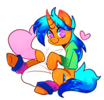 Size: 700x670 | Tagged: safe, artist:kixmey, oc, oc only, oc:solar wave, species:pony, species:unicorn, bisexual pride flag, clothing, cute, heart, hoodie, leg warmers, looking at you, pillow, pride, pride flag, purple eyes, smiling, your character here
