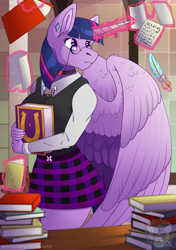 Size: 2141x3039 | Tagged: safe, artist:grumpygriffcreation, character:twilight sparkle, character:twilight sparkle (alicorn), species:alicorn, species:anthro, g4, accessory, book, clothing, feather, female, friendship journal, glowing horn, horn, magic, magic aura, mare, quill, skirt, solo, telekinesis, wings