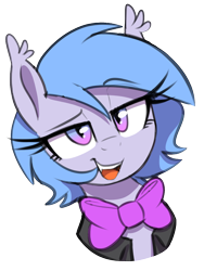 Size: 806x1070 | Tagged: safe, artist:thebatfang, oc, oc only, oc:lucky roll, species:bat pony, species:pony, g4, bat pony oc, bow tie, bust, clothing, female, looking at you, mare, open mouth, portrait, simple background, solo, transparent background