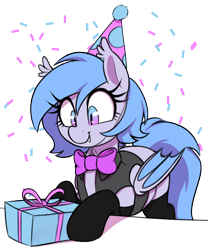 Size: 1000x1200 | Tagged: safe, artist:thebatfang, oc, oc only, oc:lucky roll, species:bat pony, species:pony, bat wings, birthday, bow tie, clothing, confetti, cute, fangs, female, hat, mare, ocbetes, party hat, present, sharp teeth, simple background, smiling, socks, solo, table, transparent background, vest, wings