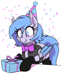Size: 1000x1200 | Tagged: safe, artist:thebatfang, oc, oc only, oc:lucky roll, species:bat pony, species:pony, bat wings, birthday, bow tie, clothing, confetti, cute, fangs, female, hat, mare, ocbetes, party hat, present, sharp teeth, simple background, smiling, socks, solo, table, transparent background, vest, wings