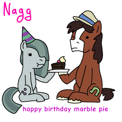 Size: 1024x1024 | Tagged: safe, artist:naggfruit, character:marble pie, character:trouble shoes, g4, cake, clothing, comic sans, crack shipping, dot eyes, food, hat, marbleshoes, party hat, shipping, simple background, text