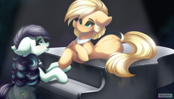 Size: 7000x4000 | Tagged: safe, artist:natanvok, character:applejack, character:coloratura, species:earth pony, species:pony, g4, absurd resolution, alternate hairstyle, apple family member, duo, duo female, ear fluff, female, looking at someone, lying down, mare, musical instrument, open mouth, open smile, piano, prone, smiling, tail