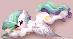 Size: 7000x3800 | Tagged: safe, artist:natanvok, character:princess celestia, species:alicorn, species:pony, g4, absurd resolution, blushing, cute, cutelestia, dock, ear fluff, eyebrows, eyebrows visible through hair, female, frog (hoof), hoofbutt, hooves, horn, looking at you, lying down, mare, one eye closed, pillow, prone, solo, sploot, tail, underhoof, wings