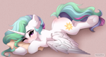 Size: 7000x3800 | Tagged: safe, artist:natanvok, character:princess celestia, species:alicorn, species:pony, g4, absurd resolution, blushing, cute, cutelestia, dock, ear fluff, eyebrows, eyebrows visible through hair, female, frog (hoof), hooves, horn, looking at you, lying down, mare, one eye closed, pillow, prone, solo, sploot, tail, underhoof, wings