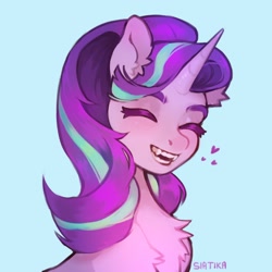 Size: 1508x1508 | Tagged: safe, artist:siatikas, character:starlight glimmer, species:pony, species:unicorn, g4, blue background, bust, chest fluff, colored eyebrows, cute, eyebrows, eyes closed, fangs, female, glimmerbetes, mare, sharp teeth, signature, simple background, smiling, solo, teeth