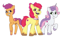 Size: 1950x1200 | Tagged: safe, artist:prixy05, character:apple bloom, character:scootaloo, character:sweetie belle, species:earth pony, species:pegasus, species:pony, species:unicorn, episode:the last problem, g4, g5, my little pony: friendship is magic, my little pony: tell your tale, apple family member, clothing, coat markings, colored hooves, cutie mark crusaders, digital art, female, g4 to g5, generation leap, goldie delicious' shawl, hooves, looking at you, mare, older, older apple bloom, older scootaloo, older sweetie belle, open mouth, open smile, raised hoof, shawl, simple background, smiling, smiling at you, socks (coat marking), three quarter view, transparent background, trio, unshorn fetlocks, vector