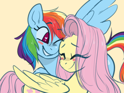 Size: 2000x1500 | Tagged: safe, artist:goshhhh, character:fluttershy, character:rainbow dash, species:pegasus, species:pony, ship:flutterdash, g4, blush sticker, blushing, cute, dashabetes, duo, duo female, eye clipping through hair, eyebrows, eyebrows visible through hair, eyes closed, female, grin, heart, heart eyes, lesbian, mare, one eye closed, shipping, shyabetes, signature, simple background, smiling, snuggling, wingding eyes, wings, yellow background