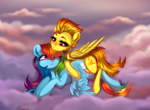 Size: 3235x2367 | Tagged: safe, artist:ijustmari, artist:marichan29, character:rainbow dash, character:spitfire, species:pegasus, species:pony, ship:spitdash, g4, cloud, cuddling, duo, duo female, ear fluff, female, heart, heart eyes, high res, lesbian, lying down, lying on a cloud, mare, on a cloud, one eye closed, outdoors, shipping, signature, wingding eyes, wings