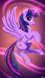 Size: 1784x3060 | Tagged: safe, artist:ask-colorsound, character:twilight sparkle, character:twilight sparkle (alicorn), species:alicorn, species:pony, g4, eyebrows, eyebrows visible through hair, female, high res, horn, looking at you, mare, profile, side view, signature, smiling, smiling at you, solo, spread wings, tail, wings