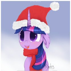 Size: 4000x4000 | Tagged: safe, artist:nnaly, character:twilight sparkle, character:twilight sparkle (unicorn), species:pony, species:unicorn, g4, absurd resolution, blushing, bust, christmas, clothing, cute, female, floppy ears, gradient background, hat, holiday, horn, mare, open mouth, open smile, santa hat, scarf, signature, smiling, solo, twiabetes