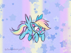 Size: 1212x909 | Tagged: safe, artist:blu3b3rryj4mp1r3, artist:flutterberrypie, character:rainbow dash, species:pegasus, species:pony, g4, blushing, colored pinnae, cute, dashabetes, eye clipping through hair, female, flying, mare, open mouth, open smile, scene interpretation, signature, smiling, solo, spread wings, starry eyes, stars, wingding eyes, wings