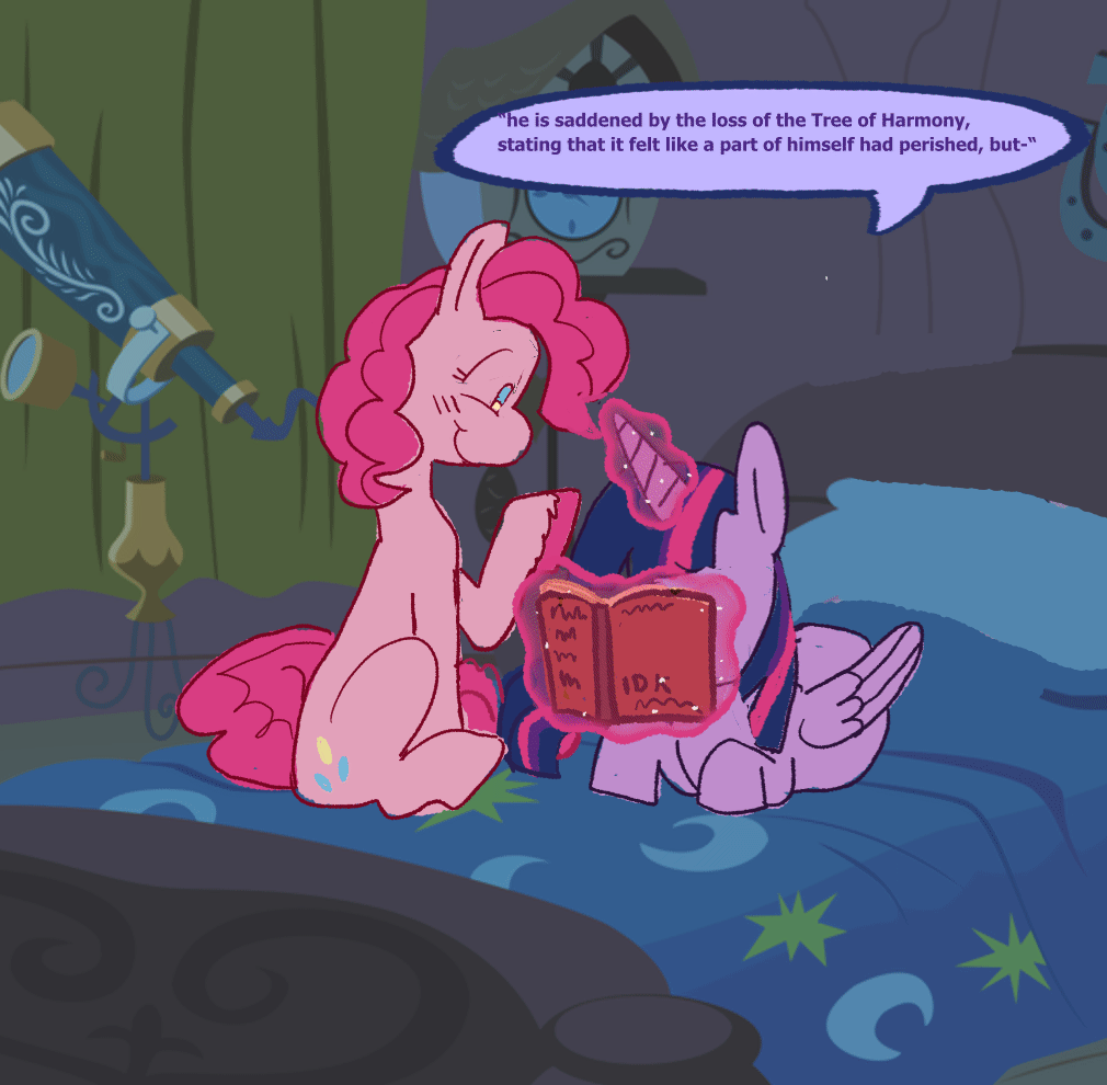 Size: 1010x990 | Tagged: safe, artist:koidial, character:pinkie pie, character:twilight sparkle, character:twilight sparkle (alicorn), species:alicorn, species:earth pony, species:pony, ship:twinkie, g4, :3, ><, animated, bed, book, cute, dawwww, dialogue, duo, duo female, eyes closed, female, folded wings, gif, glowing horn, golden oaks library, head pat, horn, hug, lesbian, lying down, magic, magic aura, mare, one eye closed, pat, prone, reading, shipping, sitting, smiling, speech bubble, telekinesis, telescope, wings, wink