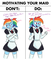 Size: 2658x3068 | Tagged: safe, artist:moonatik, character:rainbow dash, species:anthro, species:pegasus, g4, apron, clothing, dialogue, dress, evening gloves, excited, female, floating wings, gloves, grumpy, long gloves, maid, mare, no pupils, ponytail, rainbow maid, reverse psychology, simple background, socks, solo, text, tomboy, white background, wings