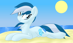 Size: 1500x900 | Tagged: safe, artist:notadeliciouspotato, oc, oc only, oc:serene dive, species:earth pony, species:pony, newbie artist training grounds, atg 2021, beach, female, lying down, mare, outdoors, prone, smiling, solo, sun