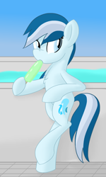 Size: 1500x2500 | Tagged: safe, artist:notadeliciouspotato, oc, oc only, oc:serene dive, species:earth pony, species:pony, bipedal, content, female, food, happy, looking at you, mare, popsicle, solo, swimming pool