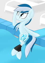 Size: 1920x2660 | Tagged: safe, artist:notadeliciouspotato, oc, oc only, oc:serene dive, species:earth pony, species:pony, beach chair, brushing mane, chair, content, diving board, female, happy, looking up, mare, sitting, smiling, solo, swimming pool, water
