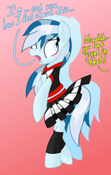 Size: 1638x2600 | Tagged: safe, artist:notadeliciouspotato, oc, oc:serene dive, species:earth pony, species:pony, bipedal, blushing, cheerleader, cheerleader outfit, chest fluff, clothing, dialogue, embarrassed, female, gradient background, looking back, mare, offscreen character, open mouth, silhouette, simple background, solo