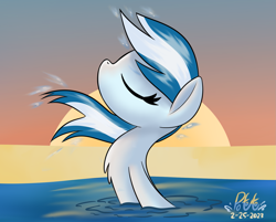 Size: 1613x1299 | Tagged: safe, artist:notadeliciouspotato, oc, oc:serene dive, species:earth pony, species:pony, beach, droplets, eyes closed, female, leaning back, mare, outdoors, signature, solo, sun, sunset, water