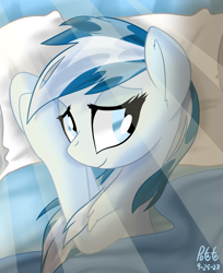 Size: 1709x2096 | Tagged: safe, artist:notadeliciouspotato, oc, oc only, oc:serene dive, species:earth pony, species:pony, blanket, chest fluff, crepuscular rays, female, lidded eyes, mare, morning, morning ponies, pillow, signature, smiling, solo