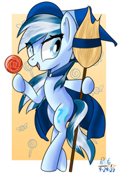 Size: 1537x2247 | Tagged: safe, artist:notadeliciouspotato, oc, oc only, oc:serene dive, species:earth pony, species:pony, abstract background, bipedal, broom, candy, cape, clothing, costume, eye clipping through hair, female, food, halloween, halloween costume, hat, holiday, hoof hold, lollipop, mare, open mouth, open smile, passepartout, signature, smiling, solo, witch hat
