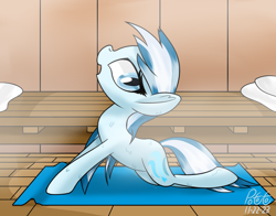 Size: 2000x1566 | Tagged: safe, artist:notadeliciouspotato, oc, oc only, oc:serene dive, species:earth pony, species:pony, female, mare, open mouth, open smile, sauna, signature, smiling, solo, steam, stretching, sweat, towel, yoga mat