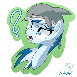 Size: 1950x1950 | Tagged: safe, artist:notadeliciouspotato, oc, oc only, oc:serene dive, species:earth pony, species:pony, pony town, bust, confused, female, looking up, mare, plushie, question mark, shark, shark plushie, signature, solo, toy
