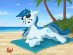 Size: 2275x1705 | Tagged: safe, artist:wolfypon, oc, oc only, oc:serene dive, species:crab, species:earth pony, species:pony, beach, belly, cheek fluff, chest fluff, cloud, eyelashes, female, leg fluff, mare, ocean, outdoors, palm tree, signature, smiling, solo, sunglasses, sunglasses on head, towel, tree, water