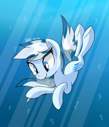 Size: 2400x2800 | Tagged: safe, artist:notadeliciouspotato, oc, oc only, oc:serene dive, species:earth pony, species:pony, g4, bubble, crepuscular rays, diving, female, flowing mane, flowing tail, mare, ocean, signature, smiling, solo, sunlight, swimming, tail, underwater, water