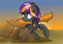Size: 1620x1140 | Tagged: safe, artist:notadeliciouspotato, manebooru original, oc, oc:bright wings, species:bat pony, species:pony, g4, cocky, confident, dirt, dusk, dust cloud, hooves, jewelry, necklace, one hoof raised, pendant, simple background, skid marks, solo, spread wings, sun, sunset, wings