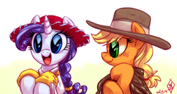 Size: 1500x800 | Tagged: safe, artist:whitediamonds, character:applejack, character:rarity, species:earth pony, species:pony, species:unicorn, ship:rarijack, g4, apple family member, clothing, cute, duo, duo female, female, freckles, hat, horn, jackabetes, jessie (toy story), lesbian, looking at someone, mare, open mouth, open smile, profile, raribetes, rarijack daily, shipping, signature, smiling, the man with no name