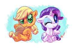 Size: 1400x900 | Tagged: safe, artist:whitediamonds, character:applejack, character:rarity, species:earth pony, species:pony, species:unicorn, ship:rarijack, g4, apple family member, applejack's hat, chibi, clothing, cowboy hat, cute, duo, duo female, eyebrows, eyeshadow, female, filly, filly applejack, filly rarity, freckles, hat, horn, jackabetes, lesbian, looking at you, makeup, one eye closed, raribetes, rarijack daily, shipping, signature, sitting, smiling, smiling at you, stetson, tail, underhoof, wink, winking at you, young, younger