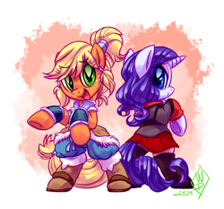 Size: 1450x1350 | Tagged: safe, artist:whitediamonds, character:applejack, character:rarity, species:earth pony, species:pony, species:unicorn, ship:rarijack, g4, alternate hairstyle, apple family member, asami sato, bipedal, clothing, cosplay, costume, crossover, duo, duo female, eyebrows, eyebrows visible through hair, female, freckles, hatless, horn, korra, korrasami, lesbian, looking at you, looking back, looking back at you, mare, missing accessory, open mouth, open smile, parody, rarijack daily, rearing, shipping, signature, smiling, smiling at you, tail, the legend of korra, underhoof