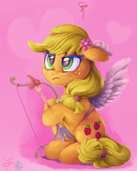Size: 2400x3000 | Tagged: safe, artist:aquaticsun, artist:whitediamonds, character:applejack, species:earth pony, species:pony, g4, apple family member, arrow, bow (weapon), bow and arrow, collaboration, cupid, fake wings, female, flower, flower in hair, freckles, frown, hatless, heart arrow, high res, makeup, mare, missing accessory, signature, sitting, solo, unamused, weapon