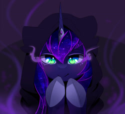 Size: 2208x2012 | Tagged: dead source, safe, artist:magnaluna, character:princess luna, species:alicorn, species:pony, g4, cloak, clothing, female, high res, hood, horn, looking at you, mare, slit pupils, smiling, smiling at you, solo