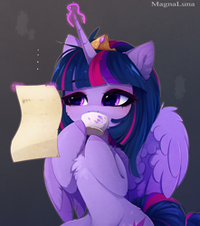 Size: 3926x4443 | Tagged: safe, artist:magnaluna, character:twilight sparkle, character:twilight sparkle (alicorn), species:alicorn, species:pony, g4, absurd resolution, cheek fluff, chest fluff, crown, cup, cute, drink, drinking, eyebrows, eyebrows visible through hair, female, glowing horn, hoof hold, horn, jewelry, levitation, magic, magic aura, mare, reading, regalia, scroll, solo, teacup, telekinesis, twiabetes, wings