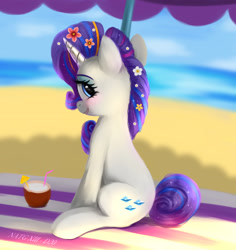 Size: 2048x2168 | Tagged: safe, artist:darksly, character:rarity, species:pony, species:unicorn, newbie artist training grounds, g4, atg 2023, beach, beach blanket, beach umbrella, blushing, cocktail umbrella, coconut cup, cute, drinking straw, female, flower, flower in hair, high res, horn, looking at you, looking back, looking back at you, mare, ocean, outdoors, raribetes, sitting, smiling, smiling at you, solo, sparkles, sparkling mane, tail, water