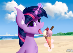 Size: 4600x3333 | Tagged: safe, artist:mricantdraw, character:twilight sparkle, character:twilight sparkle (unicorn), species:pony, species:unicorn, g4, beach, bust, cherry, chest fluff, cloud, cute, ear fluff, eating, eyebrows, eyebrows visible through hair, female, food, glowing horn, high res, horn, ice cream, ice cream cone, levitation, looking at you, magic, magic aura, mare, ocean, open mouth, outdoors, portrait, sky, solo, telekinesis, tongue out, twiabetes, water