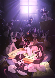 Size: 2067x2953 | Tagged: safe, artist:ramiras, character:smarty pants, character:twilight sparkle, character:twilight sparkle (unicorn), species:pony, species:unicorn, fanfic:twin twilights, g4, apple, biting, book, carpet, clone, clones, crepuscular rays, cute, fanfic art, female, floppy ears, food, glowing horn, high res, horn, indoors, levitation, lying down, magic, magic aura, mare, multeity, nom, one eye closed, open mouth, prone, reading, sitting, smiling, sparkle sparkle sparkle, tail, tail bite, telekinesis, twiabetes, window