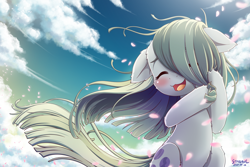 Size: 1800x1200 | Tagged: safe, artist:symbianl, artist:symbianlart, character:marble pie, species:earth pony, species:pony, g4, blushing, cloud, cute, eyes closed, female, floppy ears, hair over one eye, marblebetes, mare, open mouth, open smile, outdoors, petals, signature, sitting, sky, smiling, solo, tail, windswept mane