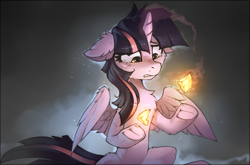Size: 1750x1152 | Tagged: safe, artist:ramiras, character:twilight sparkle, character:twilight sparkle (alicorn), species:alicorn, species:pony, episode:the beginning of the end, g4, my little pony: friendship is magic, broken, crying, element of honesty, elements of harmony, female, floppy ears, horn, mare, partially open wings, sad, scene interpretation, scratches, sitting, solo, teary eyes, underhoof, wings