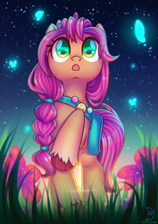 Size: 2480x3508 | Tagged: safe, artist:wavecipher, character:sunny starscout, species:earth pony, species:pony, g5, :o, bag, butterfly, female, fluttershy's cutie mark, grass, high res, looking up, mare, night, night sky, open mouth, outdoors, rainbow dash's cutie mark, raised hoof, reflection, sky, solo, starry eyes, stars, sunny's bag, twilight sparkle's cutie mark, unshorn fetlocks, wingding eyes