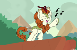 Size: 2550x1650 | Tagged: safe, artist:toonboy92484, character:autumn blaze, species:kirin, g4, awwtumn blaze, cloud, cute, eyes closed, female, horn, kirinbetes, mountain, music notes, open mouth, open smile, outdoors, raised hoof, signature, singing, sky, smiling, solo, tail