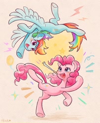 Size: 2583x3180 | Tagged: safe, artist:jiuxiao764, artist:universe5052, character:pinkie pie, character:rainbow dash, species:earth pony, species:pegasus, species:pony, g4, duo, duo female, female, flying, mare, open mouth, open smile, party horn, smiling, spread wings, wings
