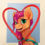 Size: 2000x2000 | Tagged: safe, artist:tenebrisnoctus, character:sunny starscout, species:earth pony, species:pony, g5, my little pony: a new generation, braid, bust, female, gradient background, heart, high res, looking at you, mare, open mouth, open smile, passepartout, smiling, smiling at you, solo, sunny's bag
