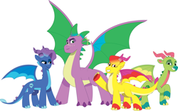 Size: 6496x4045 | Tagged: safe, artist:prixy05, derpibooru original, character:fountain, character:leaf, character:luxxe, character:spike, species:dragon, g4, g5, my little pony: tell your tale, dragon lord spike, dragoness, female, group, male, older, older spike, quartet, simple background, spike (g5), spread wings, white background, wings