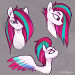 Size: 2048x2048 | Tagged: safe, artist:pfeffaroo, character:zipp storm, species:pegasus, species:pony, g5, alternate hairstyle, bust, colored eyebrows, eyebrows, gray background, hair over one eye, long mane, long mane zipp, profile, signature, simple background, solo, spread wings, wings