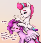 Size: 2080x2196 | Tagged: safe, artist:buttersprinkle, character:pipp petals, character:zipp storm, species:pegasus, species:pony, g5, adorapipp, adorazipp, annoyed, colored eyebrows, colored wings, cute, dialogue, duo, duo female, eyebrows, female, folded wings, frown, gradient background, high res, mare, multicolored wings, petting, pipp petals is not amused, pipp wings, royal sisters (g5), siblings, signature, sisters, sisters being sisters, smiling, speech bubble, spread wings, text, unamused, unshorn fetlocks, wings