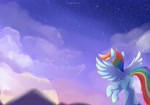 Size: 3665x2568 | Tagged: safe, artist:nnaly, character:rainbow dash, species:pegasus, species:pony, g4, cloud, facing away, female, flying, high res, mare, missing cutie mark, mountain, night, night sky, outdoors, signature, sky, solo, spread wings, stars, tail, wings